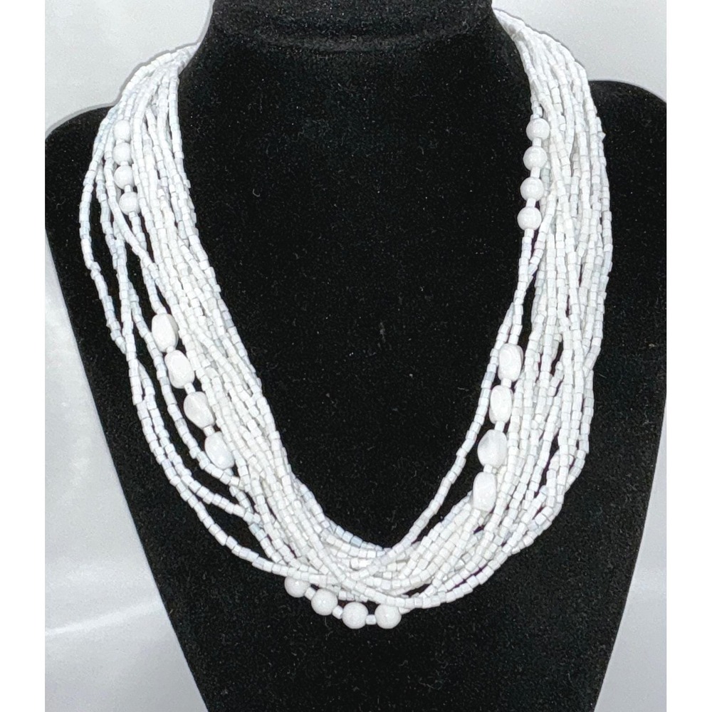 NWT White Layered Bohemian Glass Bead Necklace Multi Strand Boho Easter Jewelry